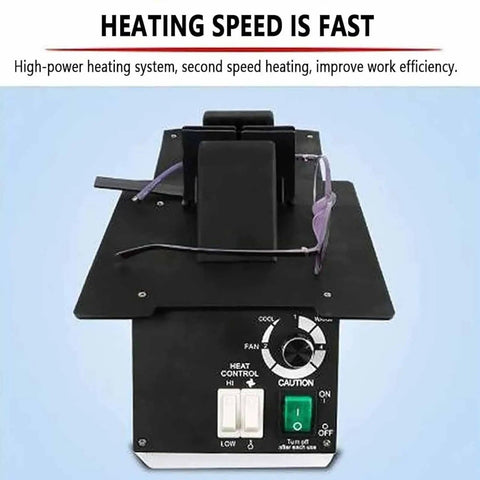 Quick Fix Optical Frame Heater For Resin And Plastic Eyeglasses showing control panel and eyeglasses on the base.