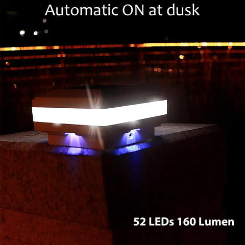 4x4 Solar Post Cap Light No Hassle Easy Install With 52 LEDs, 160 Lumen Outdoor Deck Lights glowing at night