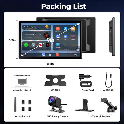 Image showing components of 9 Inch Wireless Apple CarPlay Screen With Backup Camera And Built In Netflix YouTube And TikTok