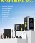 Mini Bike Tire Pump with Digital Gauge and Auto Stop Portable 120 PSI Electric Air Pump, accessories, and packaging.
