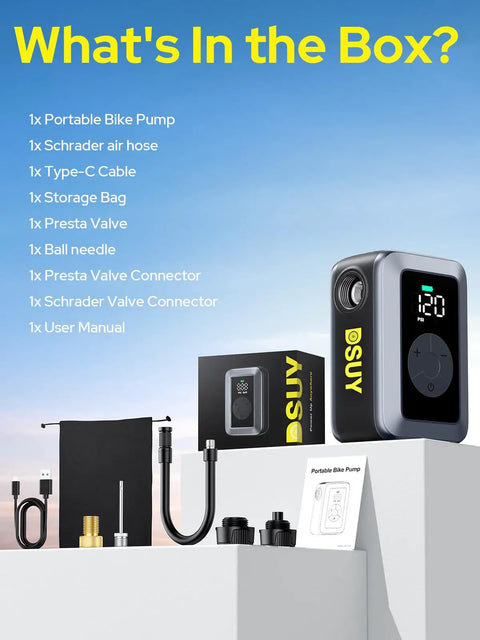 Mini Bike Tire Pump with Digital Gauge and Auto Stop Portable 120 PSI Electric Air Pump, accessories, and packaging.