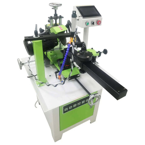 Slick CNC Circular Saw Blade Sharpener With Smart Touchscreen, 550W motor, shows sharpener control panel and blade support.