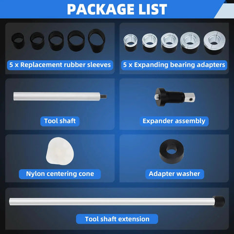 Universal Camshaft Bearing Tool Kit For Easy Installation And Removal package list with neoprene sleeves and adapters