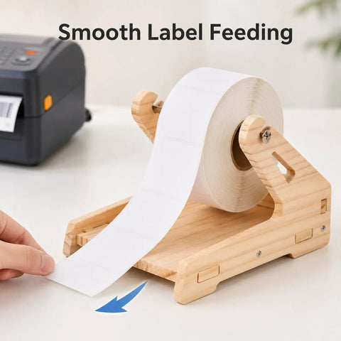 Solid Wood Label Holder And Sticker Dispenser For Roll Labels And Thermal Stickers Smooth Feed Desk Setup on desk