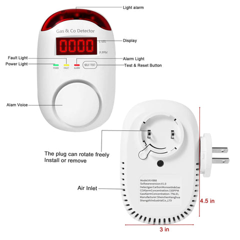Two Pack Plug In Gas And Carbon Monoxide Detectors With LCD Display showing front and back view, alarm lights, and plug details.
