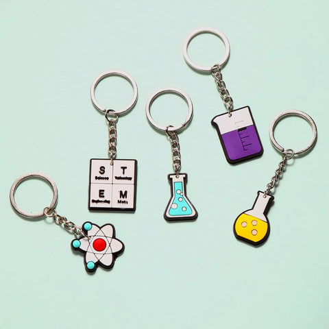 20 Pack Science Party Keychains Set Colorful Silicone Keyrings for Backpack and School Decor, Classroom Rewards, Bulk Party Favors, Totally Cute Chemical Themed Charms for Kids showing atom, flask, and STEM designs.