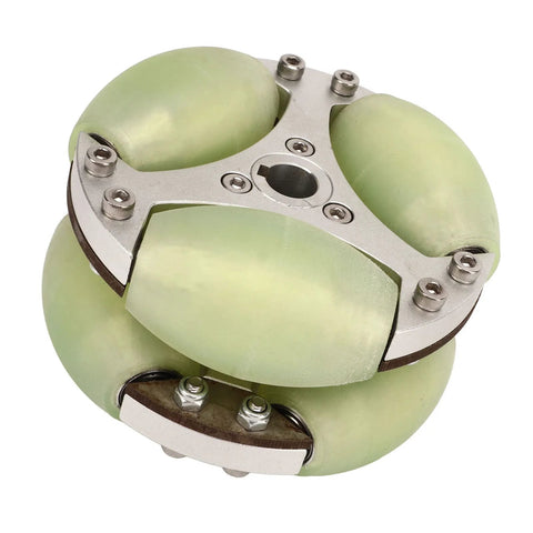 heavy duty omni wheel 360 rotation with aluminum alloy for robots, carts, and conveyors, featuring 100mm size and 80kg load capacity.