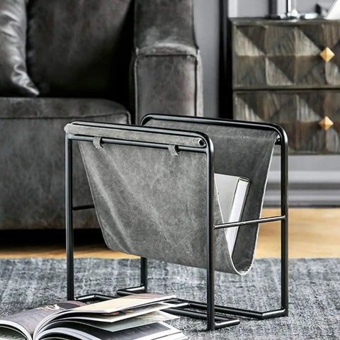 Heavy Duty Iron Magazine Rack With Durable Canvas Pockets Solid Floor Standing Organizer in living room setting.