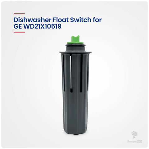 GE Dishwasher Flood Switch Assembly WD21X10519 Replacement Part, vertical view, black cylindrical design with green top