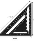 Dead On Twelve Inch Aluminum Rafter Square Top Shelf Carpenter Triangle Ruler Heavy Duty Imperial Layout Protractor with measurements.