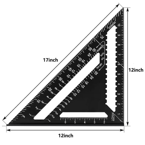 Dead On Twelve Inch Aluminum Rafter Square Top Shelf Carpenter Triangle Ruler Heavy Duty Imperial Layout Protractor with measurements.