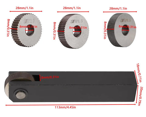 Replacement Linear Knurl Tool Kit With Interchangeable Wheels In 0.5mm, 1.5mm And 2mm For Straight Knurling, steel material