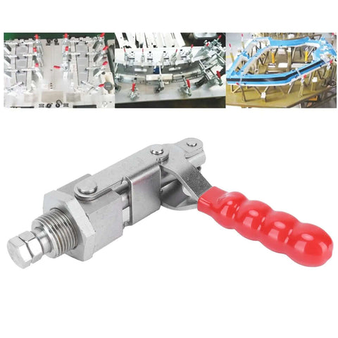 Heavy Duty Quick Release Toggle Clamp With Push Pull Action, stainless steel, plastic handle, shown with industrial use examples