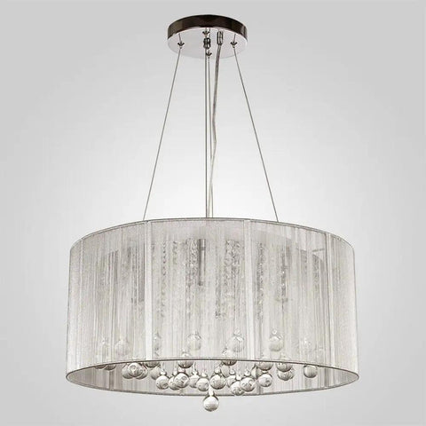 Raindrop Crystal Drum Chandelier With Fabric Shade hanging from ceiling, showcasing sparkling K9 crystal glass with adjustable chain.