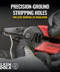 Close-up of Compact Wire Stripper And Cutter For 8-16 AWG Stranded Wires with precision-ground stripping holes in use.