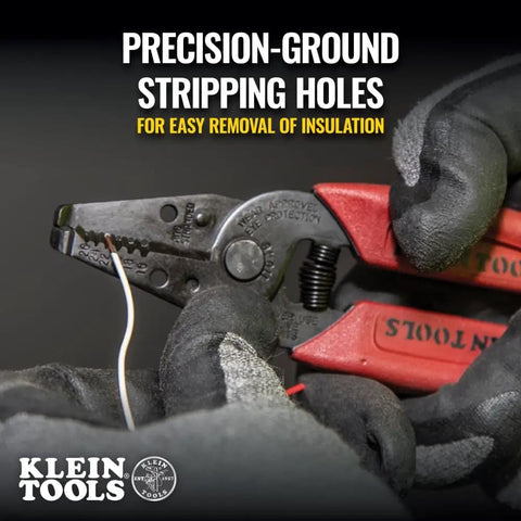 Close-up of Compact Wire Stripper And Cutter For 8-16 AWG Stranded Wires with precision-ground stripping holes in use.