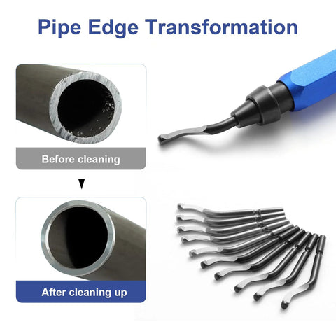 Pro Grade Deburring Tool Set With 10 High Speed Steel Replaceable Blades And A Blue Matte Aluminum Handle For Deburring Edges On Metal