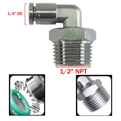 Heavy Duty 304 Stainless Steel 90 Degree Elbow Fittings, 1/4 Inch Tube OD to 1/2 Inch NPT Thread, Push-To-Connect Air Fittings
