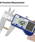 Steel Solar Digital Calipers 150mm Ranges High Accuracy Measurement Tool with Small Case for Industrial Applications Solar Battery Calipers measuring a screw.