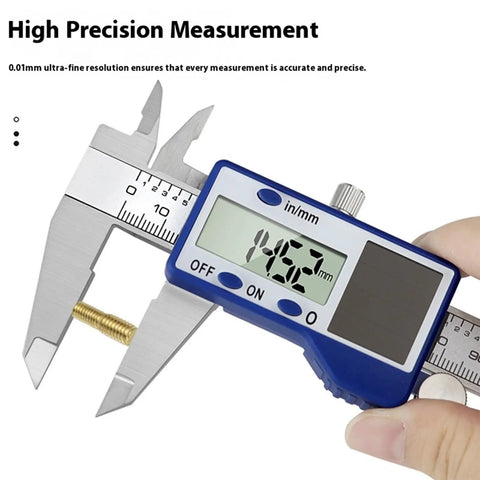 Steel Solar Digital Calipers 150mm Ranges High Accuracy Measurement Tool with Small Case for Industrial Applications Solar Battery Calipers measuring a screw.