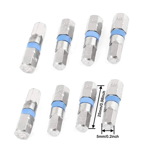Masterful Eight Piece Magnetic Screwdriver Bit Set Featuring Straight And Offset Hex Drive Sockets Rock Solid Grip Adapts To Power Tools For Fast No Sweat Fix Ups And Garage Builds, showing metal driver bits with blue markings, 25mm length.