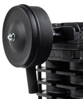 Heavy Duty Two Cylinder Cast Iron Air Compressor Pump Built Tough To Knock Any Job Out Delivering 2 Horsepower And Smooth 5.5 Scfm Flow Fits Up To 40 Gallon Tanks For Shop close-up of cast iron pump cylinder with cooling fins and air intake.