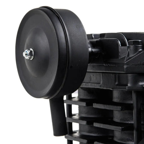 Heavy Duty Two Cylinder Cast Iron Air Compressor Pump Built Tough To Knock Any Job Out Delivering 2 Horsepower And Smooth 5.5 Scfm Flow Fits Up To 40 Gallon Tanks For Shop close-up of cast iron pump cylinder with cooling fins and air intake.