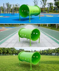 Built To Last Outdoor Dog Agility Equipment Set for Backyard Training with green tunnel and metal hurdles on grass.