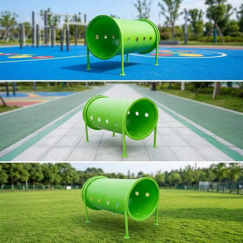 Built To Last Outdoor Dog Agility Equipment Set for Backyard Training with green tunnel and metal hurdles on grass.