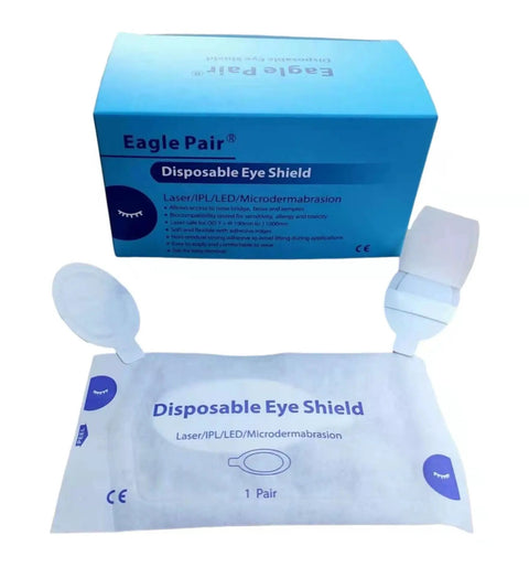 Rock Solid Disposable Laser Eye Shields For IPL Led Facial Treatments Easy Application Medical Pads With OD7 Barriers 100 Pair Bundle in package with protective design.