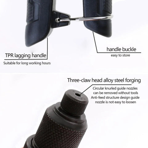 Heavy Duty Manual Pop Rivet Tool Kit with ergonomic rubber handle and lockable grip detail, alloy steel three-claw head view.