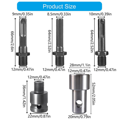 Pro Grade Swap Friendly All Purpose Drill Shank Adapter Kit for Earth and Ice Augers, sizes and dimensions diagram.