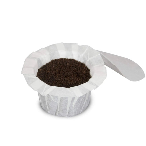 Single Serve Coffee Filter Pack For Reusable Pods EZ Cup 2.0 White Disposable Paper Filters filled with coffee grounds