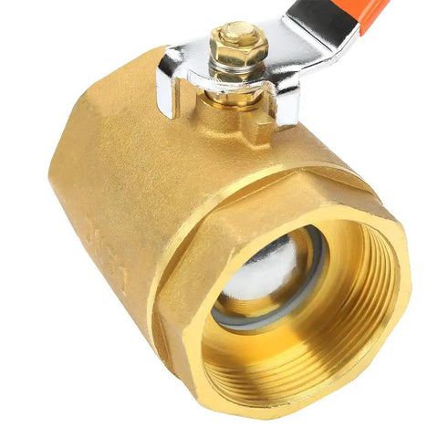 Close-up view of Heavy Duty Brass Ball Valve Two Inch Smooth Pass Minimal Drag Shut Off Handle for plumbing and gas pipes.