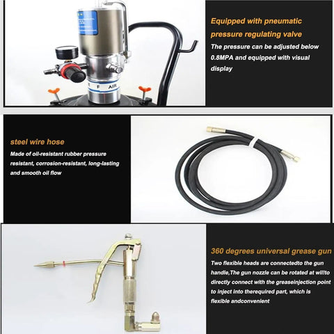 60 to 1 Air Operated Pro Grade Grease Pump With 0.85 L Per Minute Output, pneumatic valve, hose, 360-degree grease gun