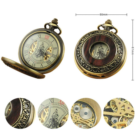 Hand Wind Mechanical Pocket Watch For Men With Vintage Steampunk Wood Grain Hollow Design Chain And Gift Box Old School Vibe Gift For Dad Husband Or Brother On Christmas Birthday Anniversary