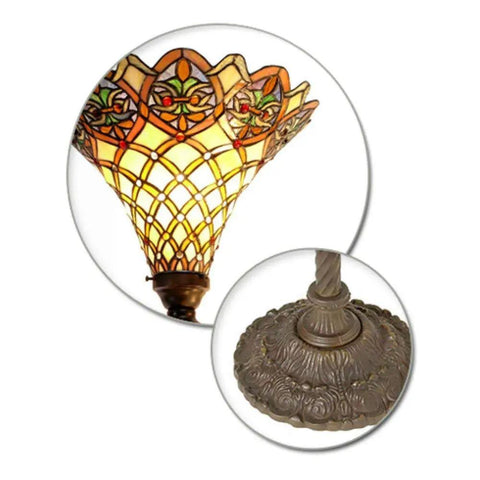 Arielle Tiffany-Style Torchiere Floor Lamp With Hand Cut Stained Glass Shade Featuring 531 Pieces Wrapped In Copper Foil, base and shade.