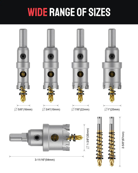 9 Piece Beefy Carbide Hole Saw Kit For Metal, TCT Hole Cutter Set with sizes from 5/8 to 1-3/8 inch and titanium pilot drill bit
