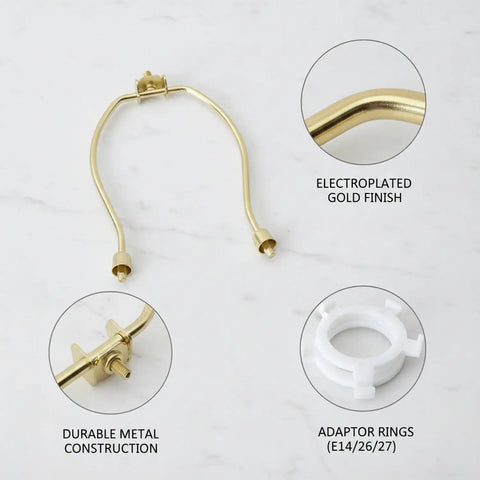 Gold Metal Lamp Stand Bracket Set With Horn Style Mount And Adapters For Table And Floor Lamps, Easy Shade Assembly, shown with fittings