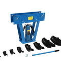 16 Ton Hydraulic Pipe Bender Pro Grade With 8 Dies One Half Inch To Three Inch Manual Tube Bending Machine in blue, front view