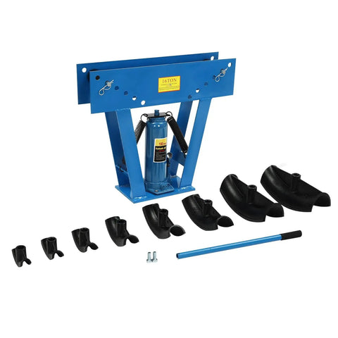 16 Ton Hydraulic Pipe Bender Pro Grade With 8 Dies One Half Inch To Three Inch Manual Tube Bending Machine in blue, front view