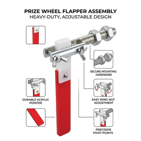 Plug And Play Prize Wheel Flapper Assembly Kit Featuring Heavy Duty Bolt Hardware And Vibrant Red White Clicker Stopper For 24 And 36 Inch Carnival Game DIY Fix