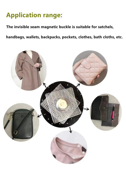 Application range of 30 Pairs Hideaway Sew In Magnetic Snaps for various uses, shown on clothing, bags, and closures.