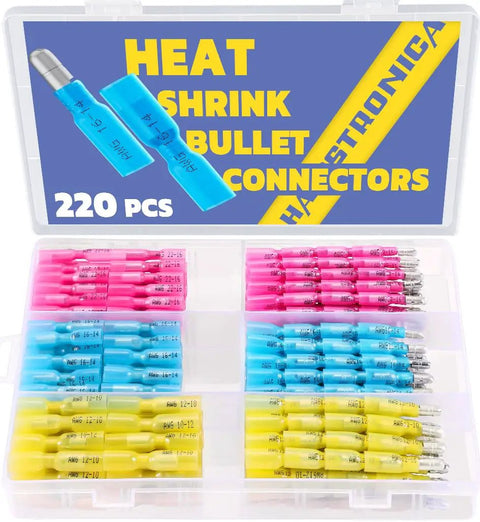 DIY Friendly Heat Shrink Bullet Connectors Kit 220PCS AWG22 10 Male And Female Terminals in open transparent case