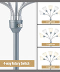 Five Head Floor Lamp With Adjustable Gooseneck Arms And Large Frosted Shade shown with 4-way rotary switch and light settings.