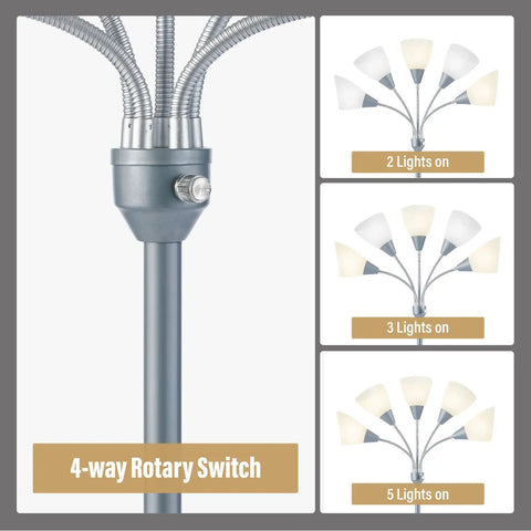 Five Head Floor Lamp With Adjustable Gooseneck Arms And Large Frosted Shade shown with 4-way rotary switch and light settings.