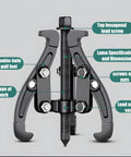 Heavy Duty 3 Jaw Bearing Puller Tool With Reversible Grips For Cars Trucks Rv Motorcycle Universal Inner Gear And Flywheel Extractor showing specifications and features.