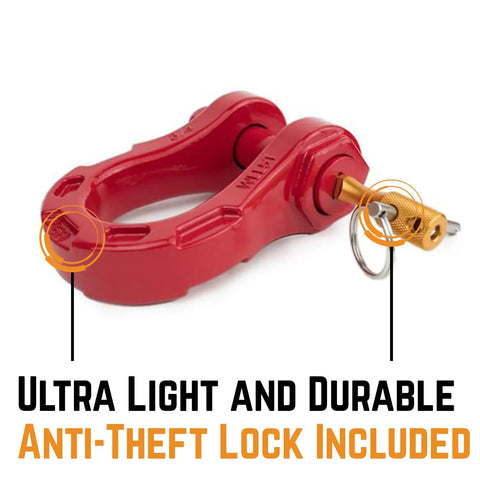 Red Aluminum Alloy Ultra Bow Shackle with Anti-Theft Lock, part of the 30,000 LBS MBS, 10,000 LBS WLL, For Off Road Recovery Bundle