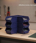 Double-Sided PP Plastic Bin Organizer for small parts on workbench with louvered panels, ideal for workshop and garage use.