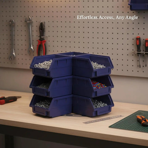 Double-Sided PP Plastic Bin Organizer for small parts on workbench with louvered panels, ideal for workshop and garage use.
